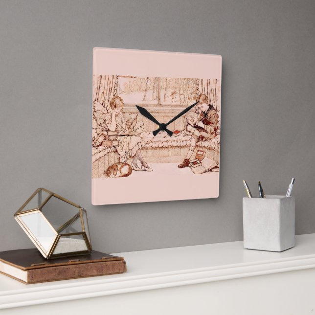 Vintage Barn som läser mysillustration Fyrkantig Klocka (Kontor)