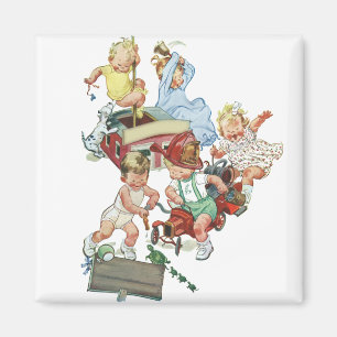 Vintage barn som leker med brandbilar magnet