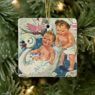 Vintage barn som leker med bubblor i svanbadkar julgransprydnad keramik
