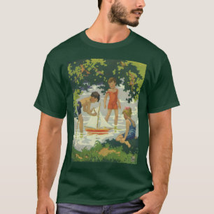 Vintage Barn som leker med segelbåtar sommar damm T-shirt