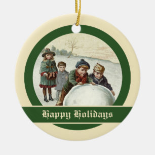 Vintage barn som leker på vintern julgransprydnad keramik