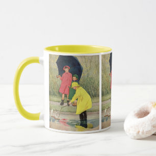 Vintage Barn som leker Pölar Leksaksbåtar Regn Mugg