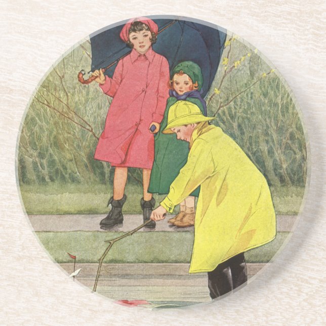 Vintage Barn som leker Pölar Leksaksbåtar Regn Underlägg (Framsidan)