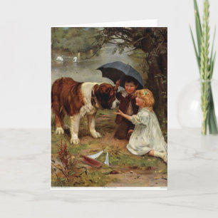 Vintage - barn som möter en St Bernard hund, Kort