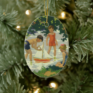 Vintage Barn som spelar Leksak Sailboat Sailboat S Julgransprydnad Keramik
