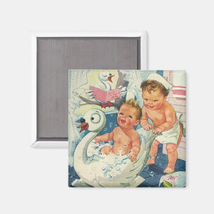 Vintage Barn som spelar med bubblor i Svan Bathtub Magnet