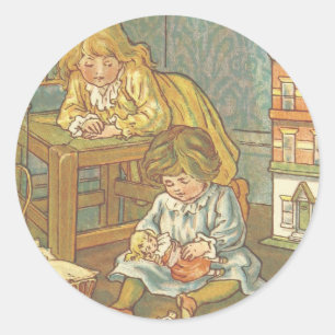 Vintage Barn som spelar med dockor Runt Klistermärke
