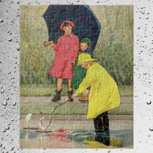 Vintage Barn som spelar puddles Leksak Boats Rain Pussel