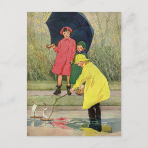 Vintage Barn som spelar puddles Leksak Boats Rain Vykort