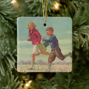 Vintage Barn som springer till skolan med böcker Julgransprydnad Keramik