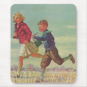 Vintage barn som springer till skolan med böcker musmatta