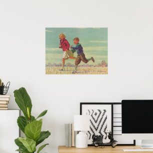 Vintage Barn som springer till skolan med böcker Poster