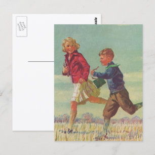 Vintage barn som springer till skolan med böcker vykort
