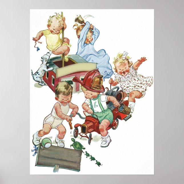 Vintage barnbarn leker med brandbilar poster (Framsidan)