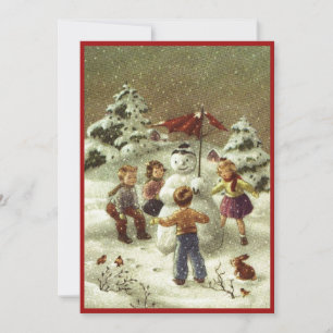 Vintage barnbarn som gör en snöman julkort