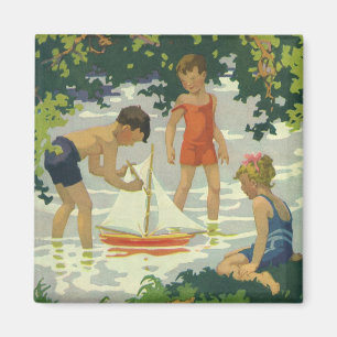 Vintage Barnbarn som leker med segelbåtar på somma Magnet