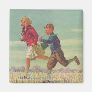 Vintage barnbarn springer till skolan med böcker magnet