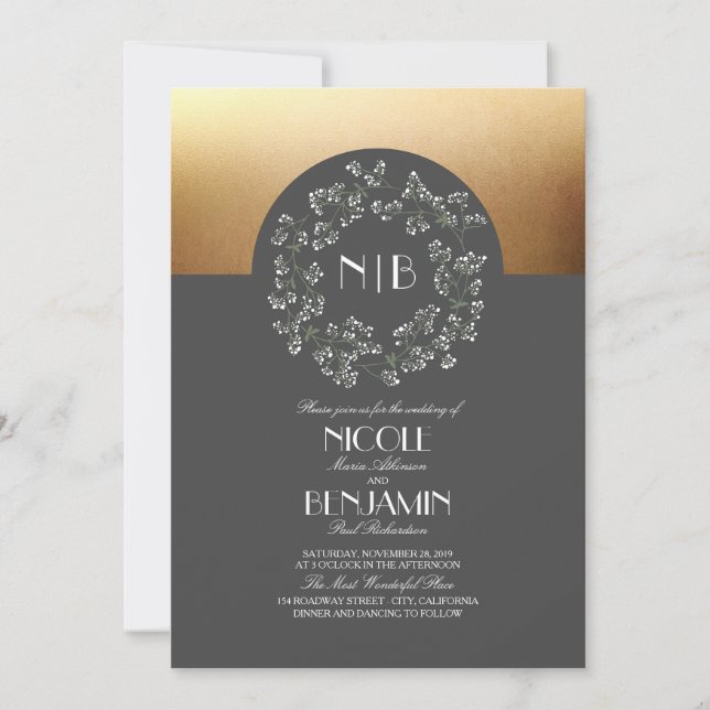 Vintage Barnets andedräkt Guld Bröllop Inbjudningar (Framsida)