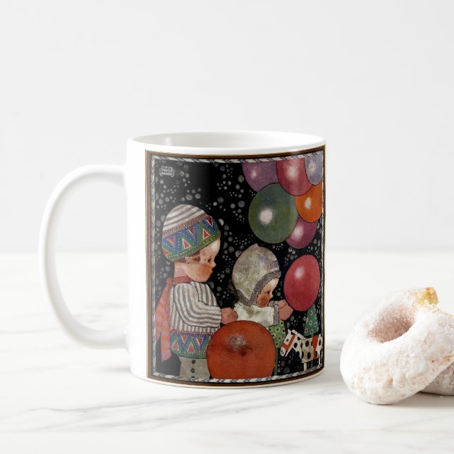 Vintage barnkalas, ballonger och leksaker kaffemugg (Med munk)