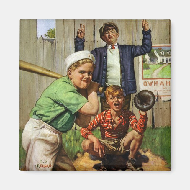 Vintage barnpojkar sport baseboll spelare spel magnet (Framsidan)