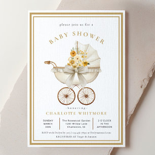 Vintage Barnvagn Baby Shower Elfenben & Gyllene Inbjudningar