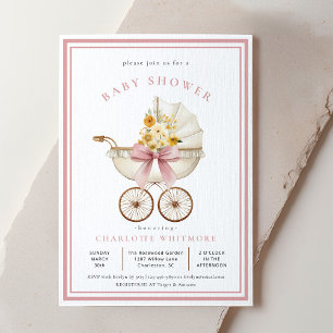 Vintage Barnvagn Baby Shower Rosafärgade & Gyldn Inbjudningar