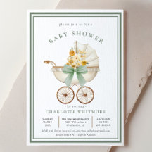 Vintage Barnvagn Baby Shower Sagegrön Guld Blommig