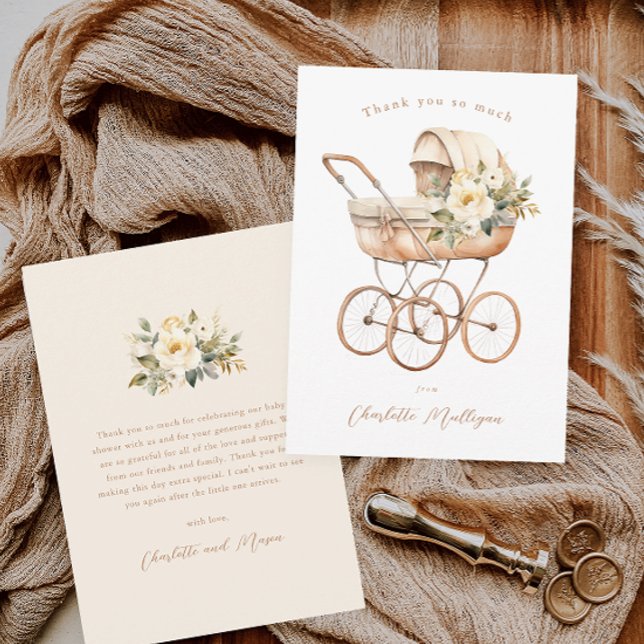 Vintage barnvagn Könsneutral baby shower Tack Kort (Vintage baby carriage gender neutral baby shower thank you cards.)