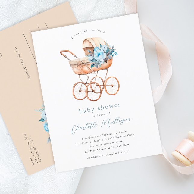 Vintage barnvagn Könsneutral baby shower Vykort (Vintage baby carriage dusty blue floral baby shower invitation postcard.)