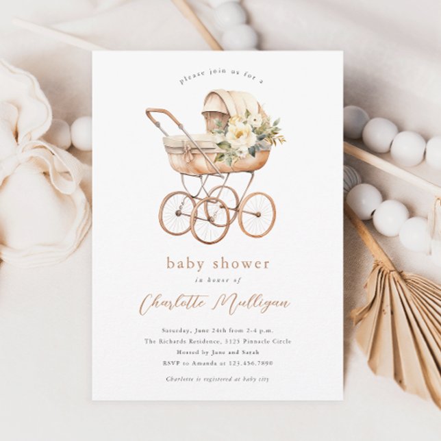 Vintage barnvagn Könsneutrala baby shower Inbjudningar (Vintage baby carriage gender neutral floral boho baby shower invitations.)