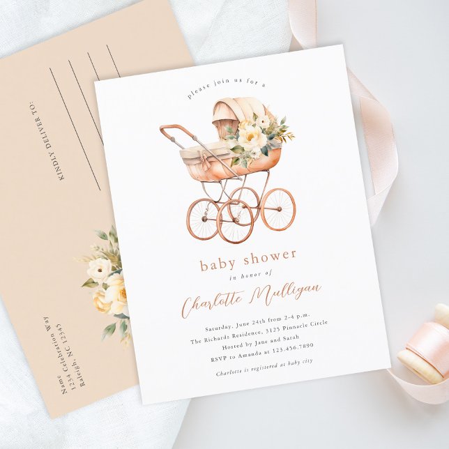 Vintage barnvagn Könsneutralt bebisshow Vykort (Vintage baby carriage gender neutral baby shower invitation postcard.)