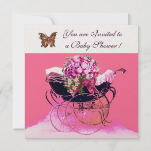 VINTAGE BARNVAGN MED BLOMMOR, FJÄRILAR BABYFYND INBJUDNINGAR