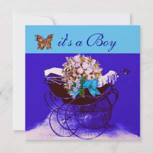 VINTAGE BARNVAGN MED BLOMMOR, FJÄRILAR BABYSHOWER INBJUDNINGAR
