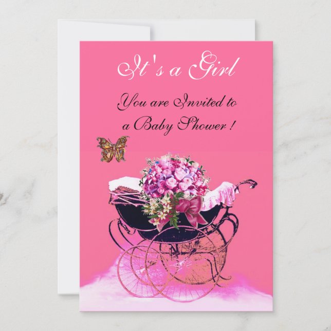 VINTAGE BARNVAGN MED BLOMMOR, FJÄRILAR BABYSHOWER INBJUDNINGAR (Framsida)