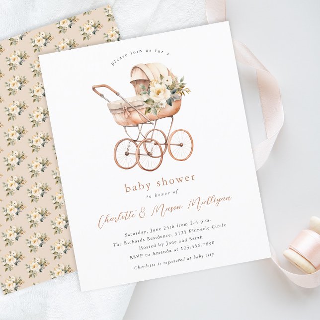 Vintage barnvagn Neutrala par Babyshower (Vintage baby carriage gender neutral budget baby shower invitation.)