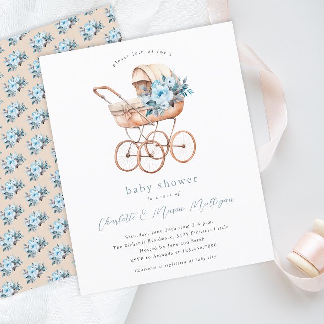 Vintage barnvagn Neutrala Par Babyshower (Vintage baby carriage dusty blue floral budget baby shower invitation.)