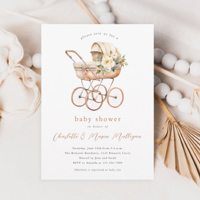 Vintage barnvagn Neutrala par Babyshower Inbjudningar (Vintage baby carriage gender neutral floral boho couples baby shower invitations.)