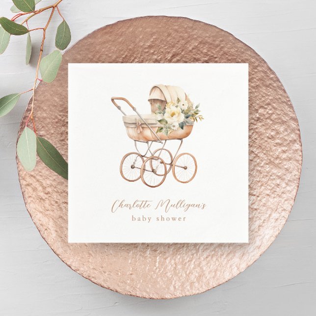 Vintage barnvagn Neutralt bebisshow Pappersservett (Vintage Floral Carriage Baby Shower Napkins.)