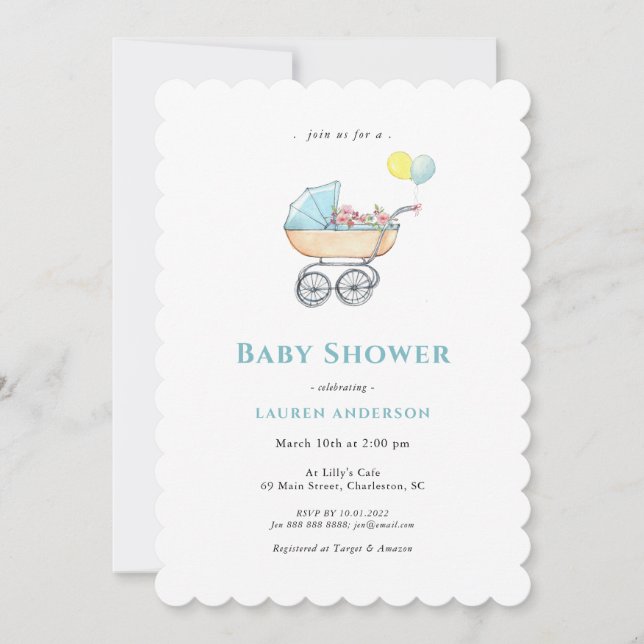 Vintage barnvagn Pojke Baby Shower Inbjudningar (Framsida)