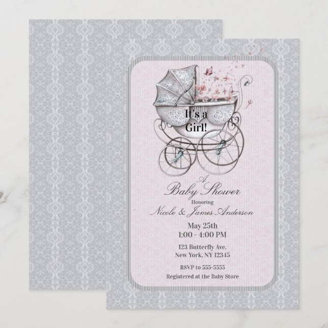 Vintage Barnvagn Vitt Spets Rosa Baby Shower Inbjudningar (Fram/baksida)