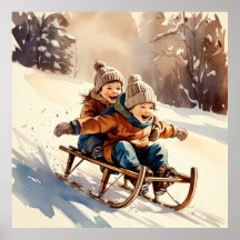 Vintage Barnvagnsfärd Vattenfärg Vinteraffisch
