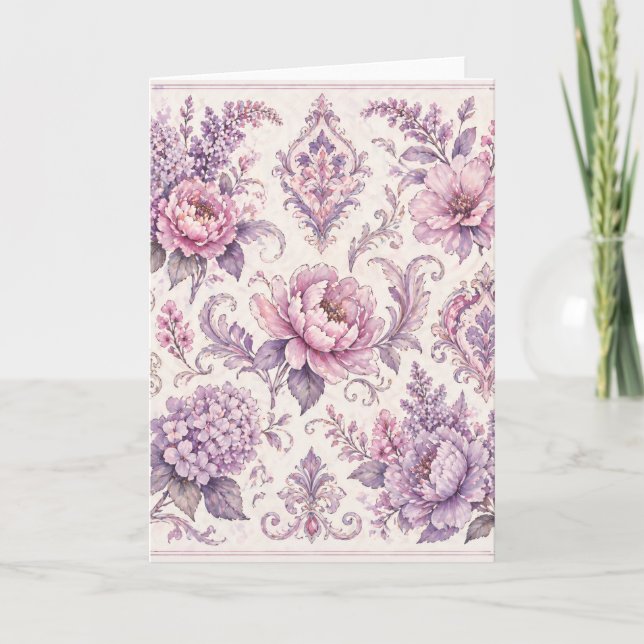 Vintage Barock Blommönster – (Lila) Kort (Framsida)