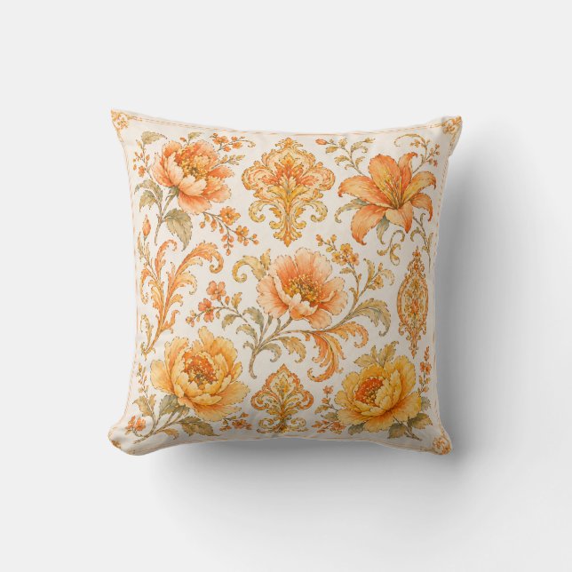 Vintage Barock Blommönster – Varmt Orange/Guld Kudde (Framsida)