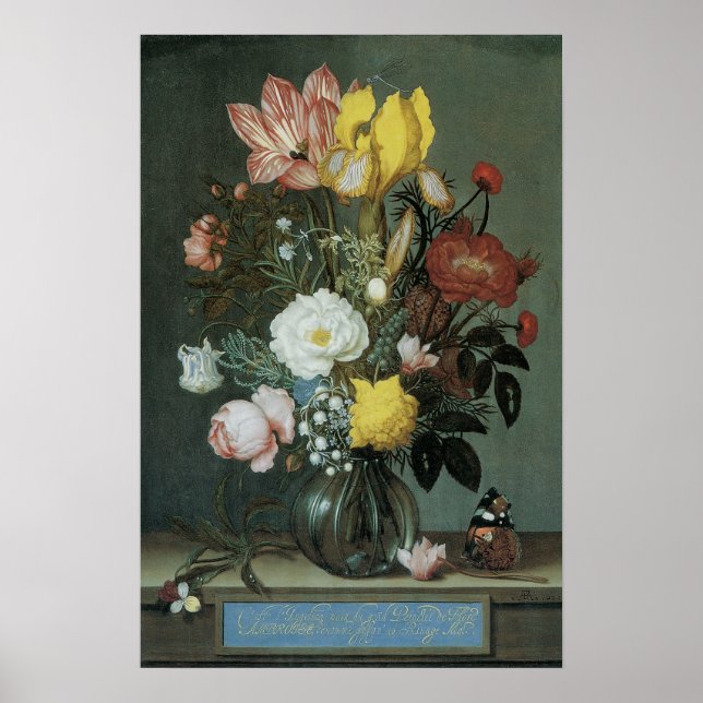 Vintage Barock, Blomsterbukett i Glasvas Poster (Framsidan)