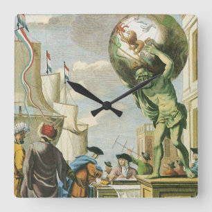 Vintage barock era atlas frontespis världskarta fyrkantig klocka