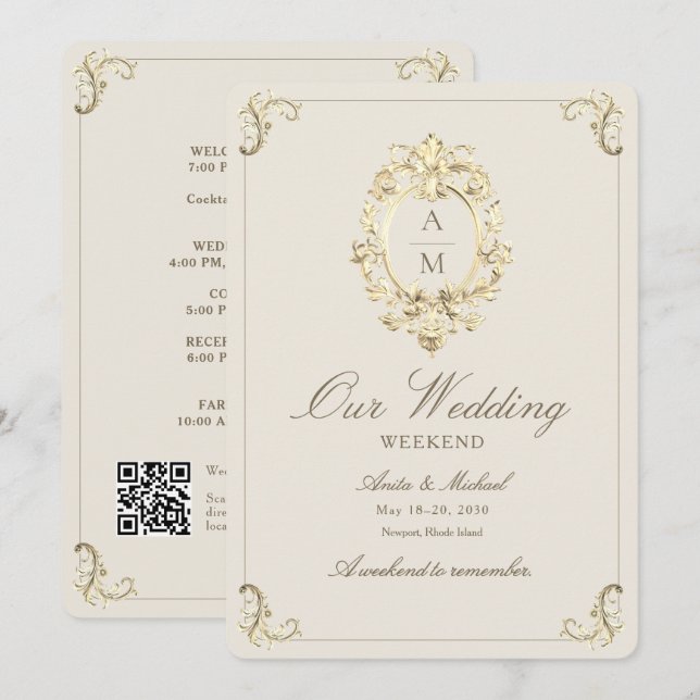 Vintage Barock Guld Bröllopshelg Itinerary Inbjudningar (Fram/baksida)