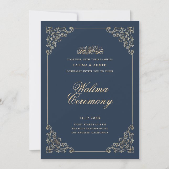 Vintage Barock Ram Navy Blå Walima Ceremoni Inbjudningar (Framsida)