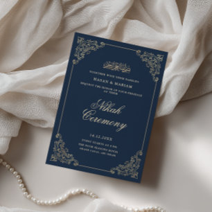 Vintage Barock Ram Navyblå Nikah-ceremoni Inbjudningar