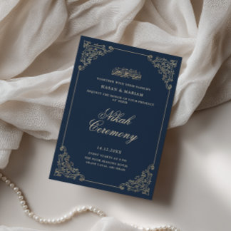 Vintage Barock Ram Navyblå Nikah-ceremoni Inbjudningar