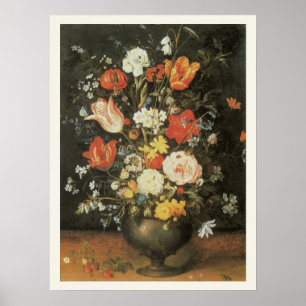 Vintage Barock Stilleben Blommor i Metallvas Poster